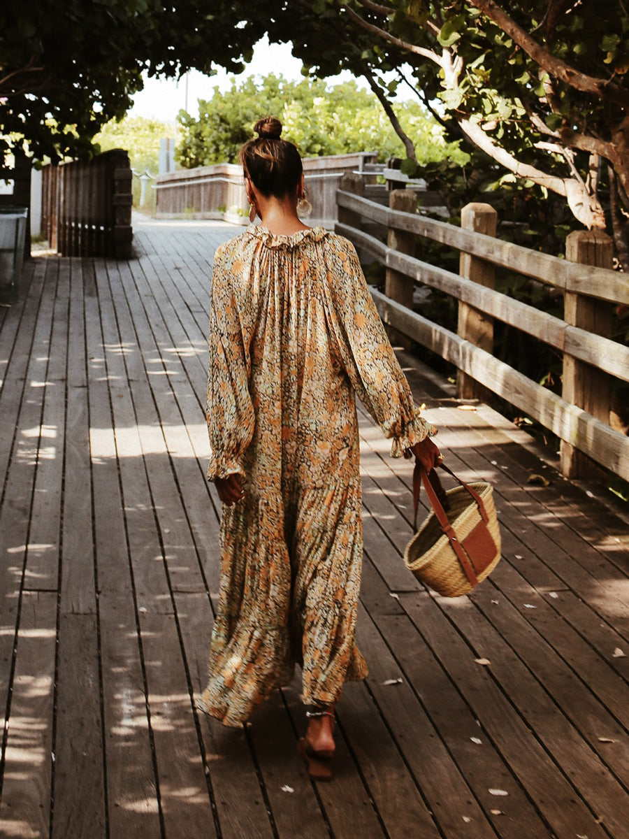 Women Bohemian V Neck Long Sleeve Floral Maxi Dress