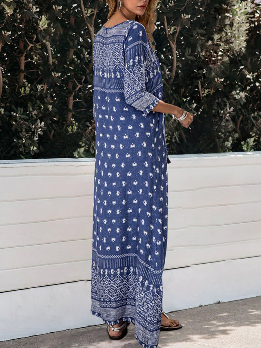 Women Bohemian Fringed 3/4 Sleeve Maxi Dress