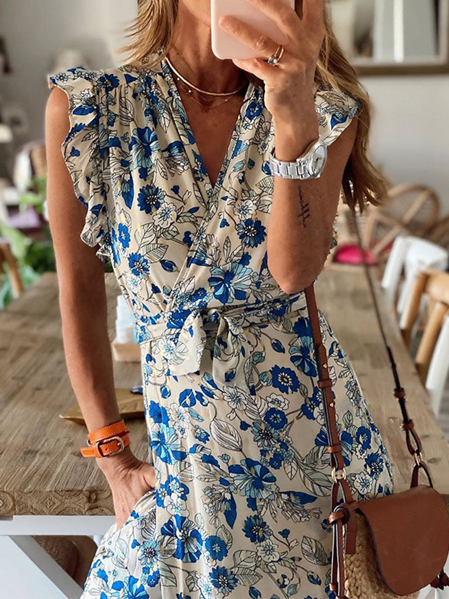 Women Bohemian Floral V-Neck Maxi Dress