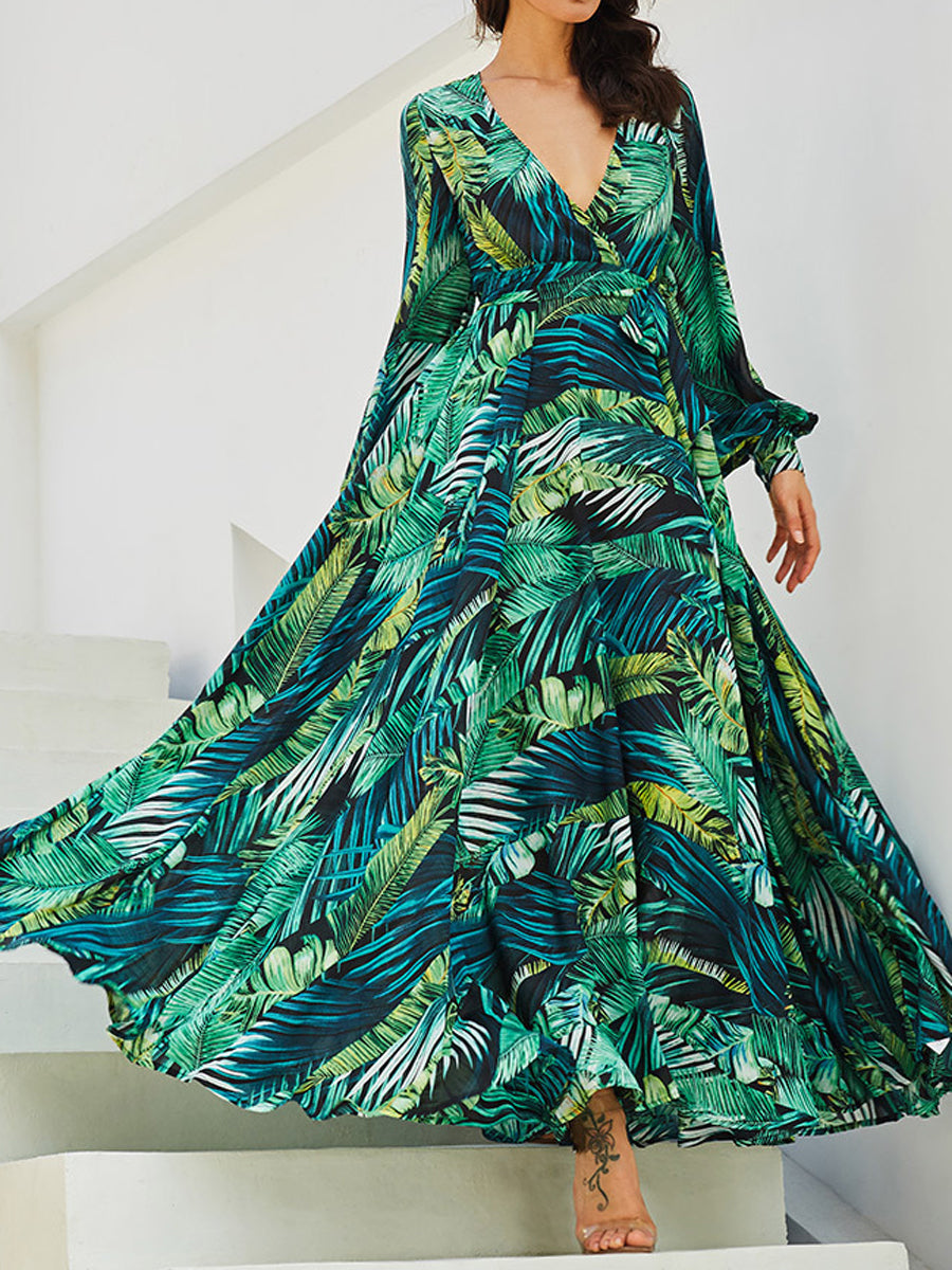 Women Bohemian Lantern Sleeve V-Neck Leaf Print Maxi Dress
