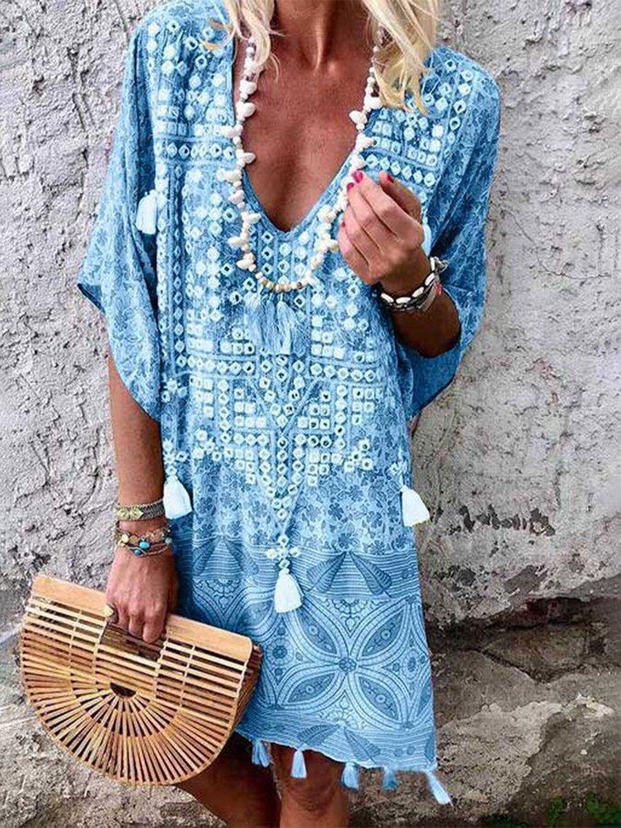 Women Bohemian V-Neck Print Tassel Mini Dress
