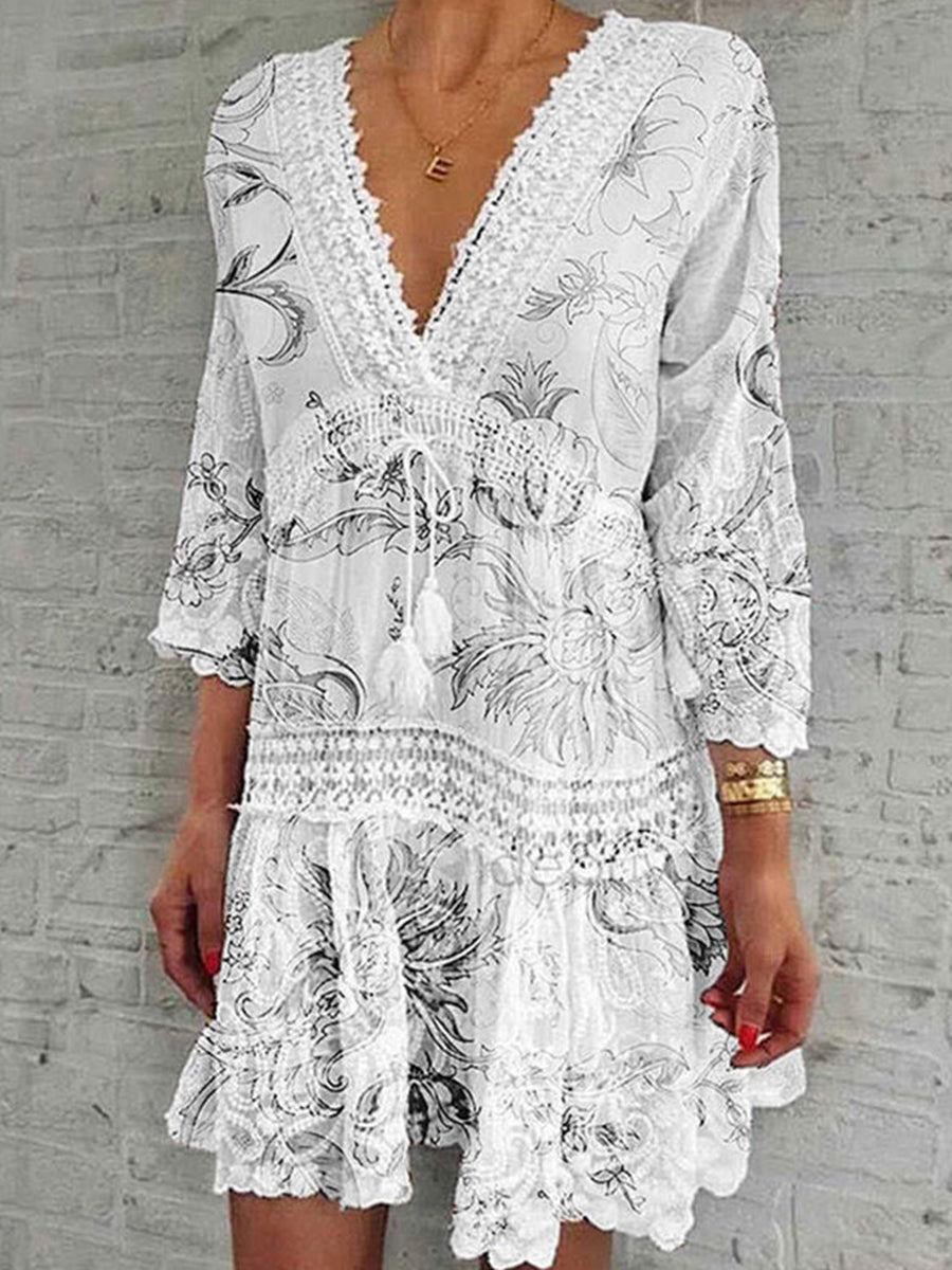 Women Vacation V-Neck 3/4 Sleeve Print Hollow Mini Dress