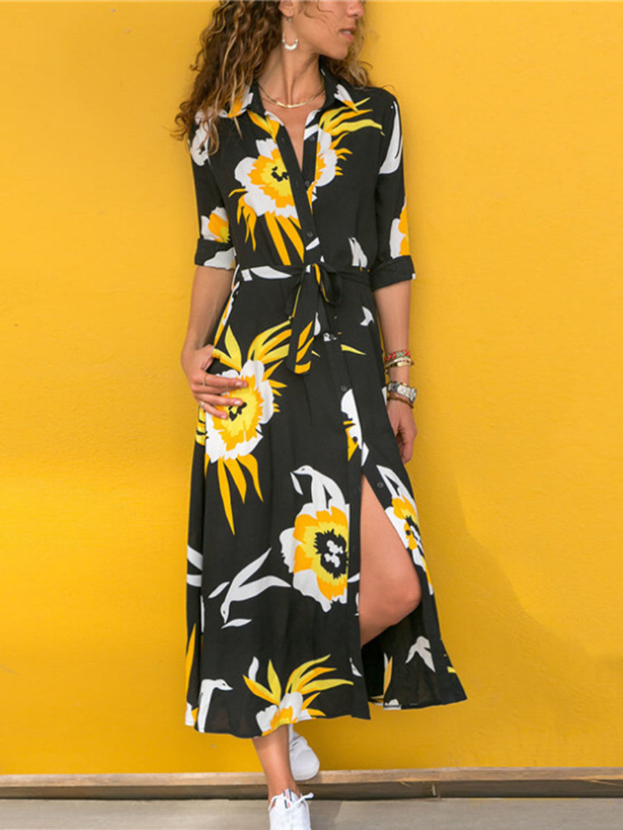 Women Floral Holiday Long Sleeve Lace-Up Maxi Dress